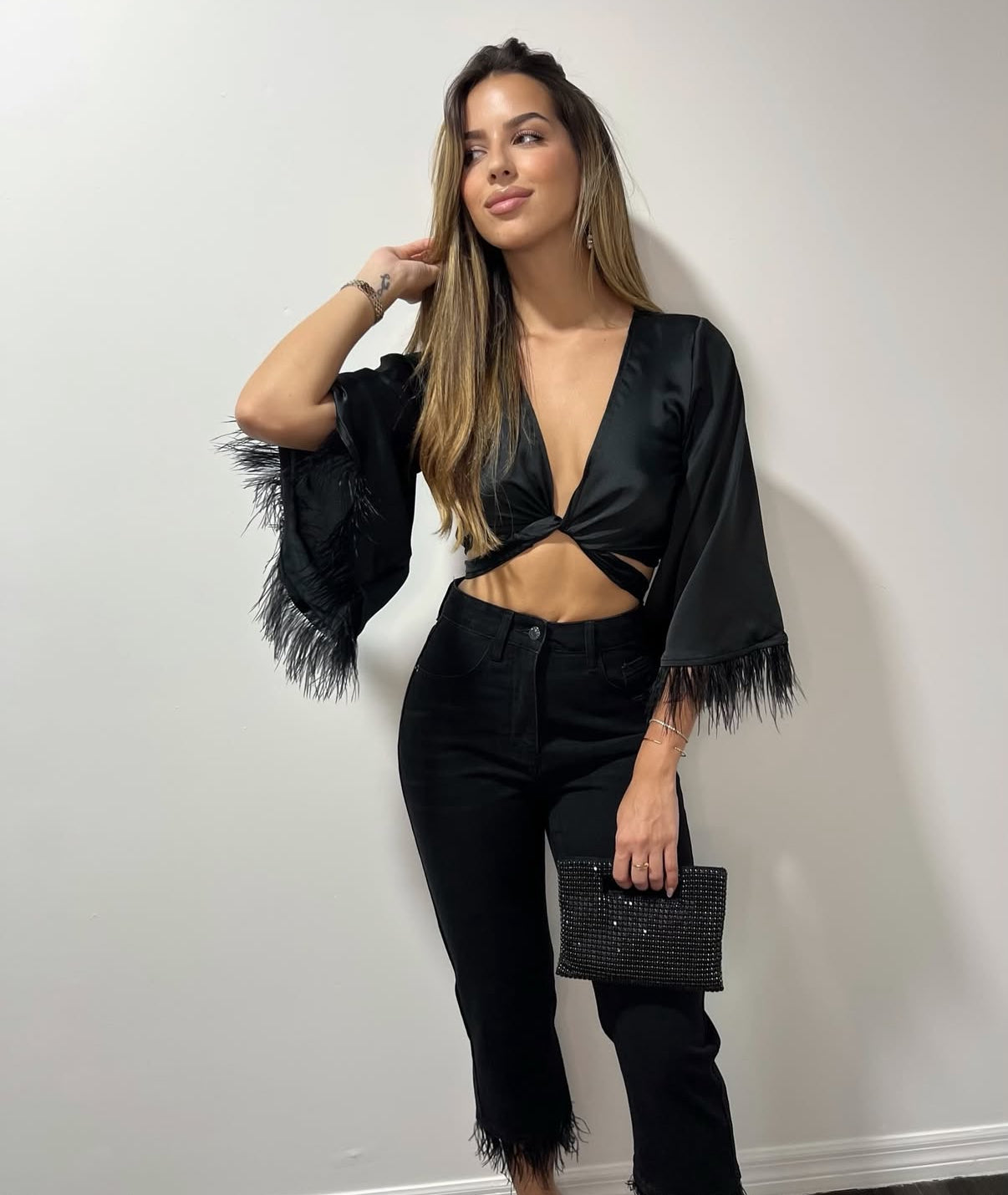 NOIR FEATHERED WIDE-LEG PANTS