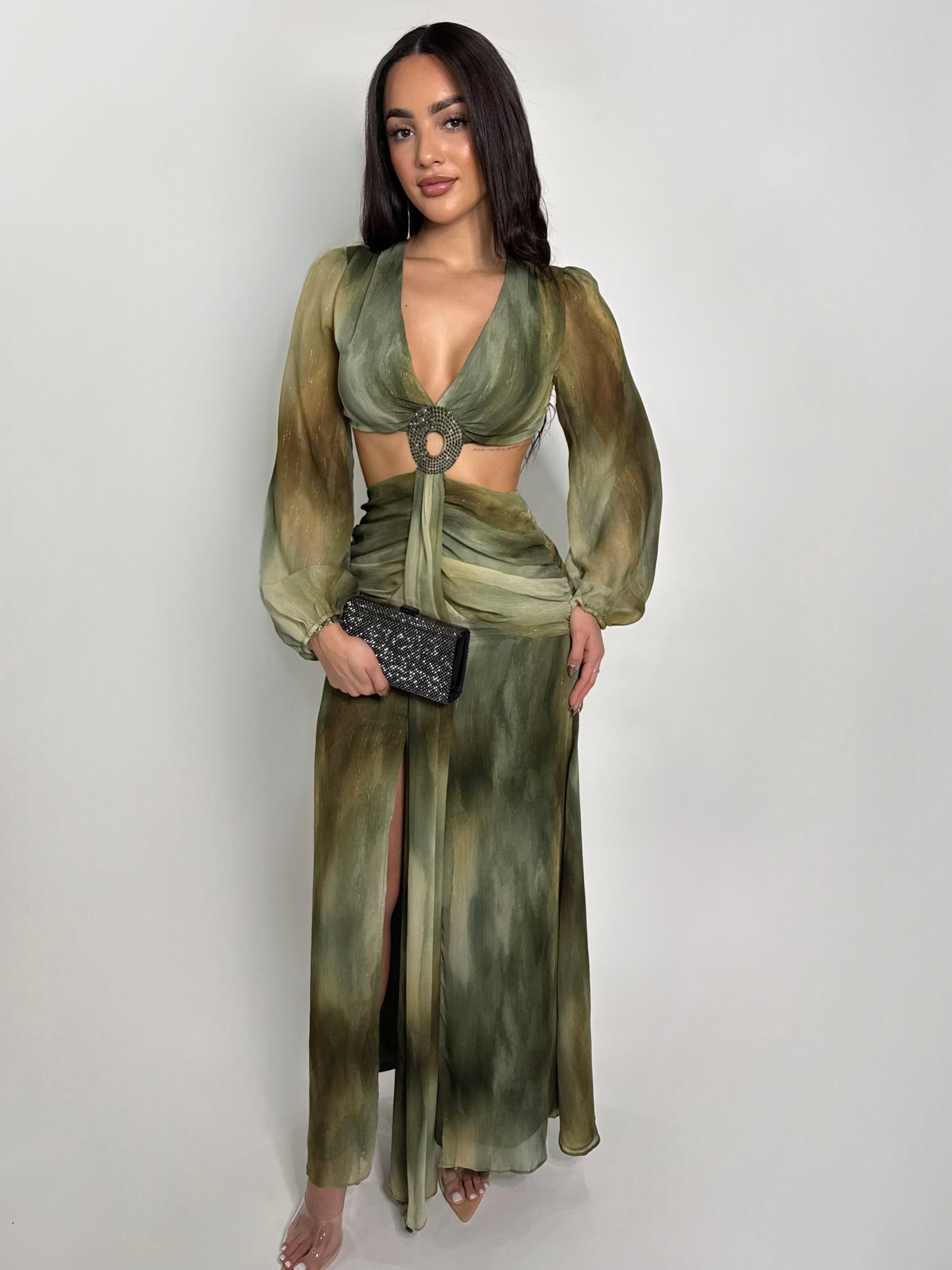 OLIVE MIRAGE CUTOUT MAXI DRESS