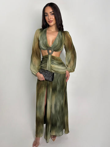 OLIVE MIRAGE CUTOUT MAXI DRESS