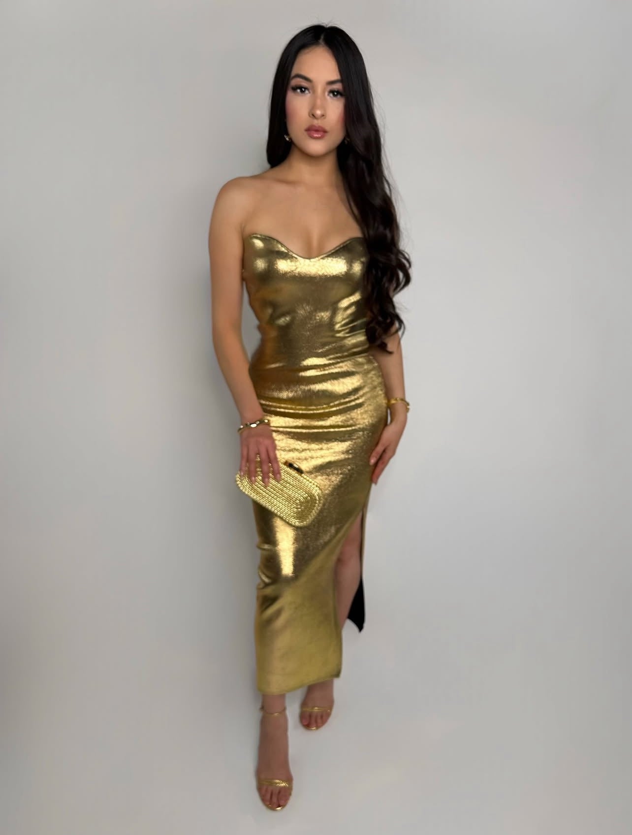 GOLDEN HOUR STRAPLESS MIDI DRESS