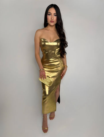 GOLDEN HOUR STRAPLESS MIDI DRESS